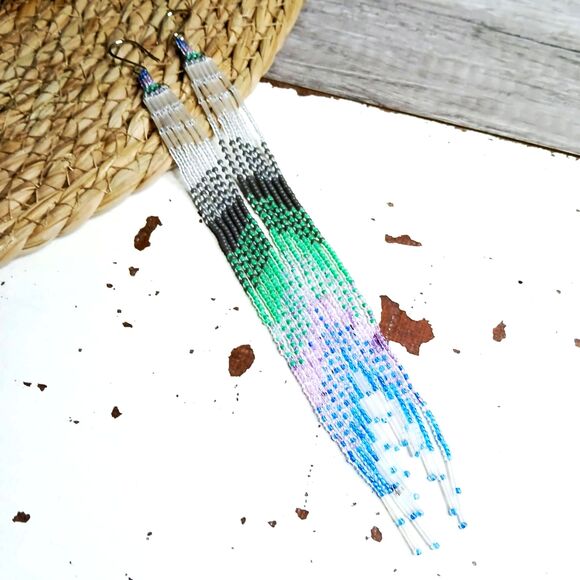 Long Boho Beaded Cascade Fringe Dangle Earrings, Seed Bead Jewelry 8" - Picture 2 of 7